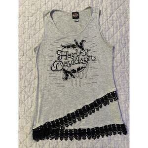 Harley Davidson Rhinestone Lace Hem Tank Top Womens Large Gray Tiered Biker Chic